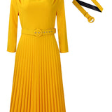 Elegant Solid Color Pleated Dress with Belt