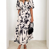 Sakura Midi Dress - Beige Geo