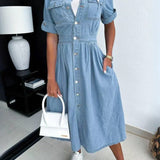 Collar Buttoned Slim Fit Denim Dress