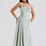 Soft Blue Vintage Floral Print Backless Tank Dress