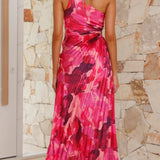 Pleated One-Shoulder Cut-Out Waist Floral Gown