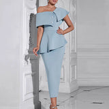 Blue Ruffled Off-Shoulder Dress