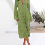 Mountain Vistas Draped Pleated Bell-Sleeve Midi Dress