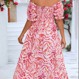 Smocked Print Off The Shoulder Midi Dress