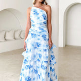 One-Shoulder Strappy Floral Print Dress