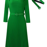 Elegant Solid Color Pleated Dress with Belt