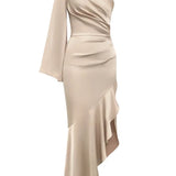 One-Shoulder Satin Ruffle Dress