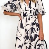 Sakura Midi Dress - Beige Geo