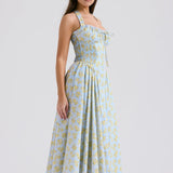 Soft Blue Vintage Floral Print Backless Tank Dress