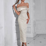 Strapless Back-Slit Jacquard Evening Gown