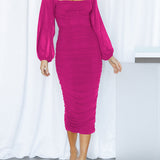 Mesh Pleated Long-Sleeve Midi Dress