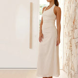 Casual Solid Color Sleeveless Backless Halter Midi Dress