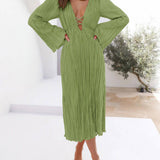 Mountain Vistas Draped Pleated Bell-Sleeve Midi Dress