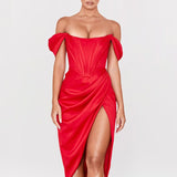 Cap Shoulder Corset Bodycon Midi Dress - Red