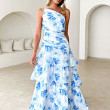 One-Shoulder Strappy Floral Print Dress