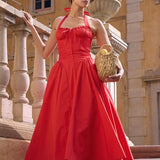 Red Backless Halter Midi Dress