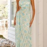 Pleated One-Shoulder Cut-Out Waist Floral Gown