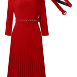 Elegant Solid Color Pleated Dress with Belt