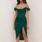Cap Shoulder Corset Bodycon Midi Dress - Dark Green