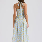 Soft Blue Vintage Floral Print Backless Tank Dress