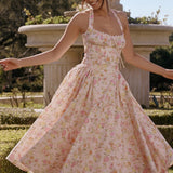 Pink Meadow Print Backless Midi Tank Dress