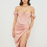 Cap Shoulder Corset Bodycon Midi Dress - Nude Pink