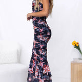 Sweetheart Neck Strap Printed Pleated Mesh Maxi Dress