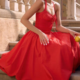 Red Backless Halter Midi Dress