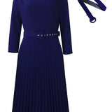 Elegant Solid Color Pleated Dress with Belt