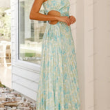 Pleated One-Shoulder Cut-Out Waist Floral Gown