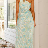 Pleated One-Shoulder Cut-Out Waist Floral Gown