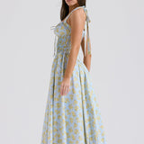 Soft Blue Vintage Floral Print Backless Tank Dress