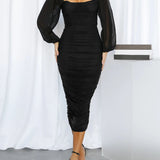 Mesh Pleated Long-Sleeve Midi Dress