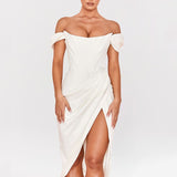 Cap Shoulder Corset Bodycon Midi Dress - White