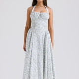 White Halter Backless Dress with Bluebell Floral Print