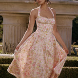Pink Meadow Print Backless Midi Tank Dress