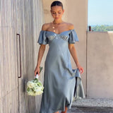 Side Split Midi Dress: Off The Shoulder Flutter Sleeve
