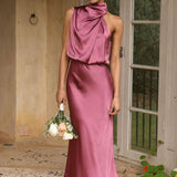 Curve Satin Ruched Halter Neck Maxi Dress In Orchid