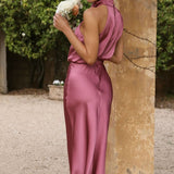 Curve Satin Ruched Halter Neck Maxi Dress In Orchid