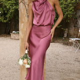 Curve Satin Ruched Halter Neck Maxi Dress In Orchid