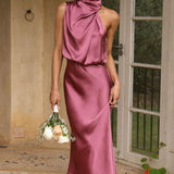 Curve Satin Ruched Halter Neck Maxi Dress In Orchid