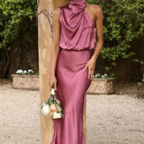 Curve Satin Ruched Halter Neck Maxi Dress In Orchid