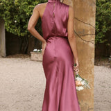 Curve Satin Ruched Halter Neck Maxi Dress In Orchid