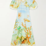 Gathered Printed Linen-Gauze Midi Dress