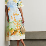 Gathered Printed Linen-Gauze Midi Dress