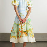 Gathered Printed Linen-Gauze Midi Dress