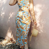 Knotted Cut Out Midi Dress in Baby Blue and Orange Floral