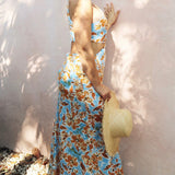Knotted Cut Out Midi Dress in Baby Blue and Orange Floral