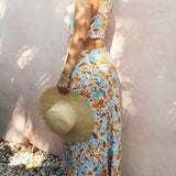 Knotted Cut Out Midi Dress in Baby Blue and Orange Floral