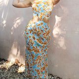 Knotted Cut Out Midi Dress in Baby Blue and Orange Floral